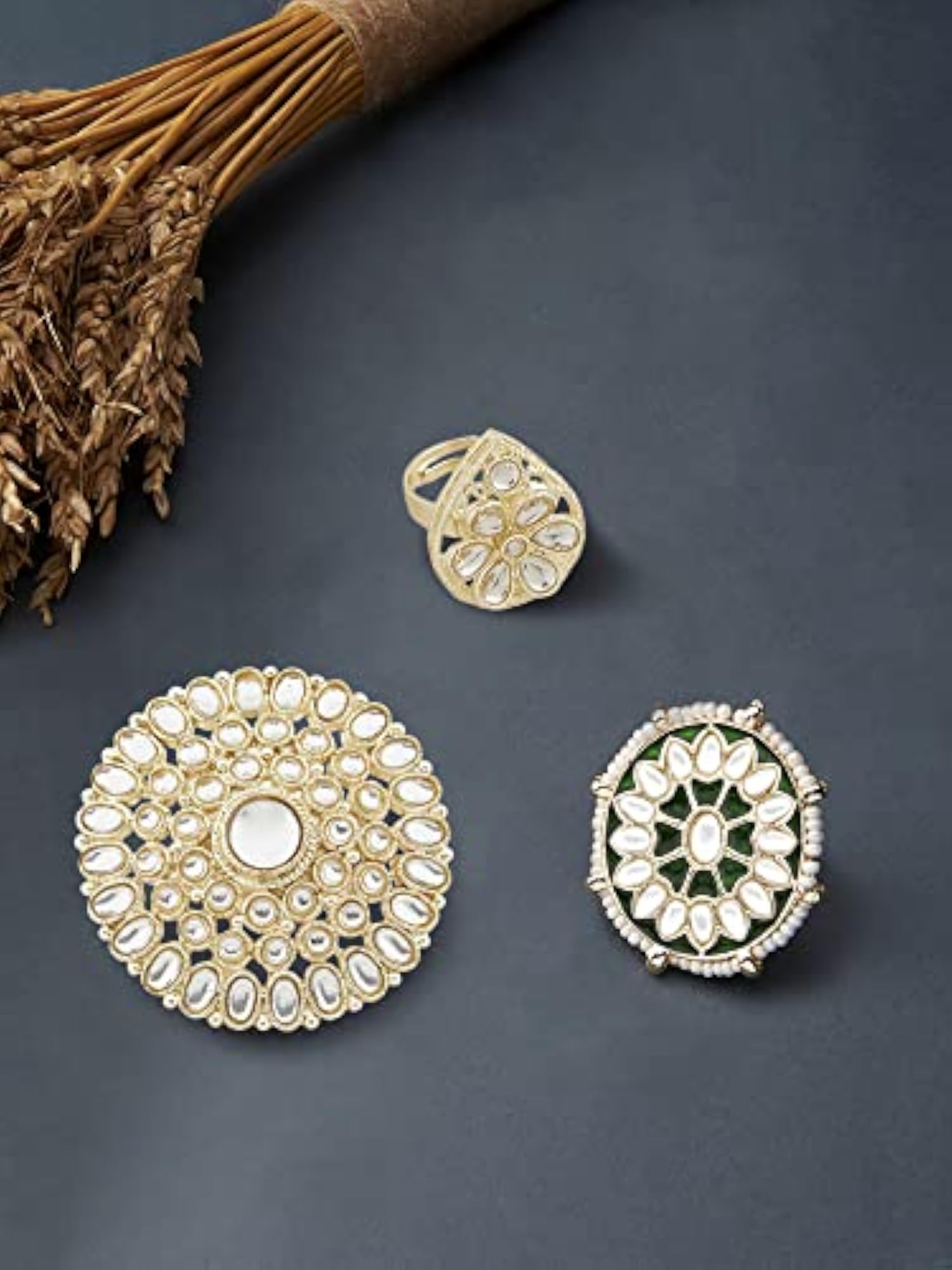 Meenakari Kundan Adjustable Rings Set - Pack of 3